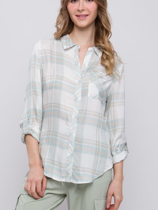 Love Tree Tops - Lightweight Plaid Button-Up Top - Mint Green